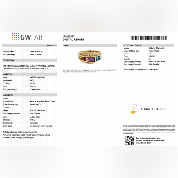 GWLAB Certified 1.70ct Natural Gems & 0.20ct Diamond Ring - 18K Gold Size 5.75 - Picture 7 of 7